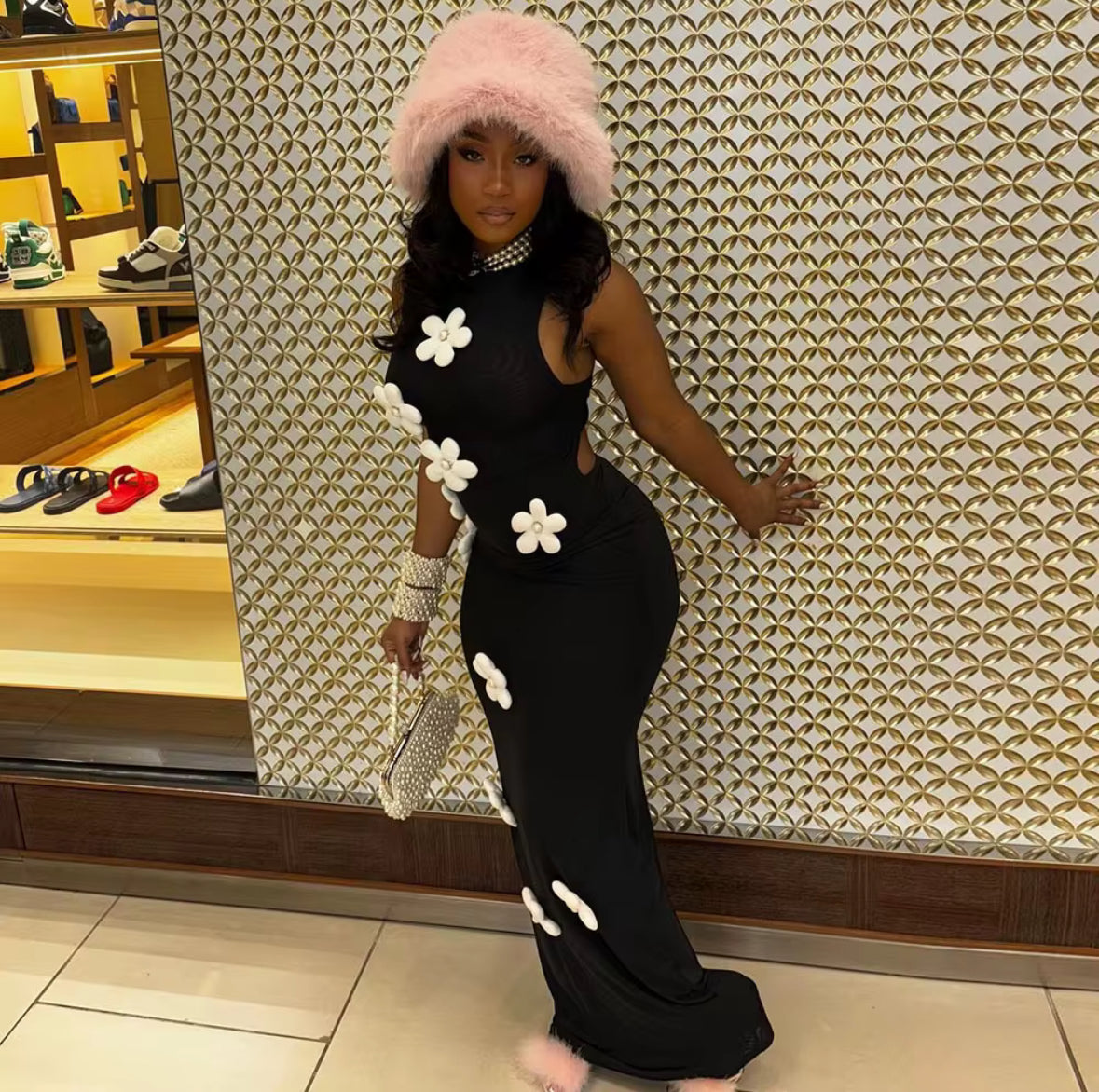 Black White Floral Bodycon Maxi Dress