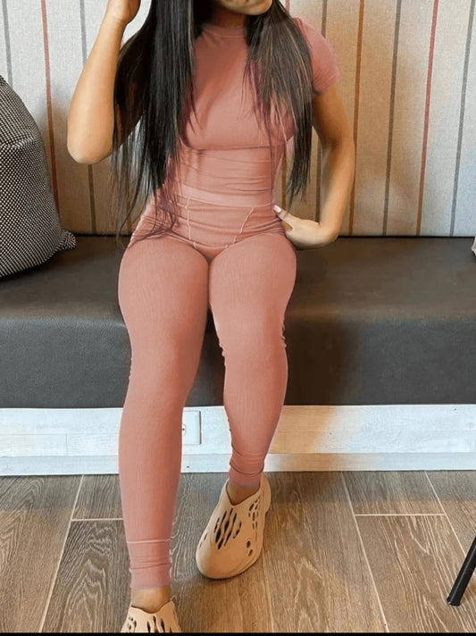 Brown Rib-Knit Skinny Stretchy Pants Set