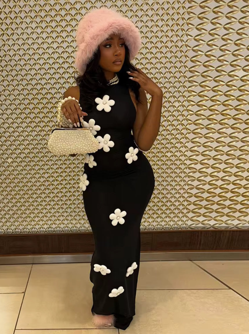 Black White Floral Bodycon Maxi Dress