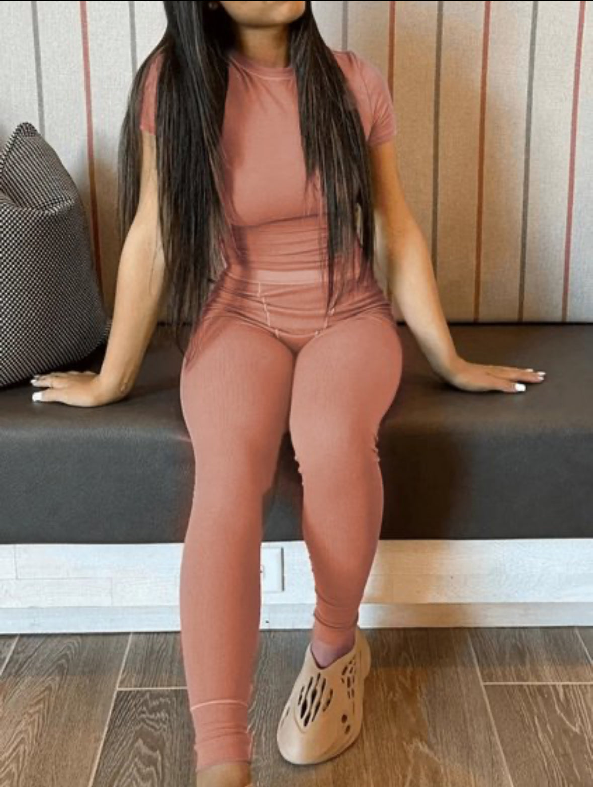 Brown Rib-Knit Skinny Stretchy Pants Set