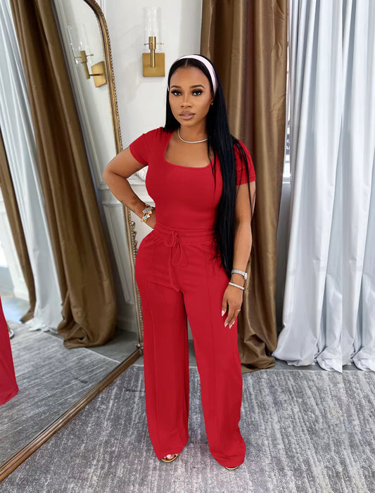 Red Short Sleeve with High Waist Pants