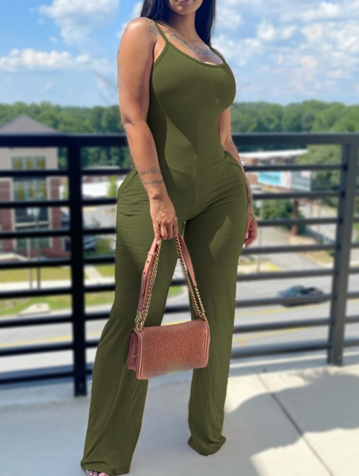 Army Green Pocket Design Cami Jumpsuit