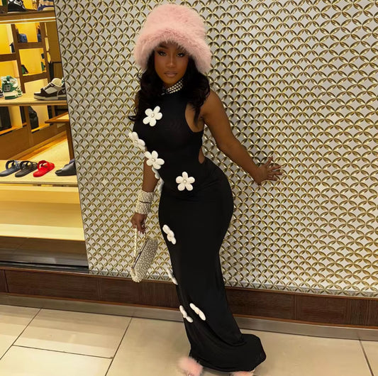 Black White Floral Bodycon Maxi Dress