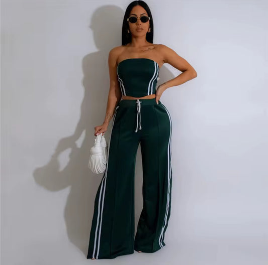 Green Striped Print Sporty 2 Piece
