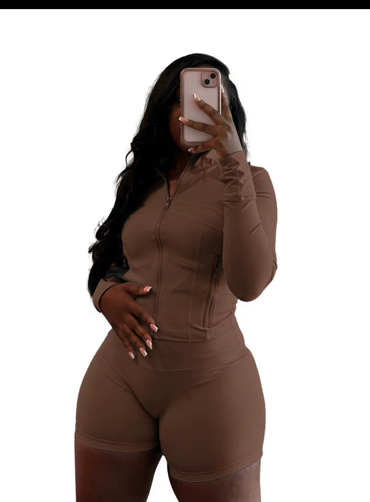 Brown Long Sleeve 2 Piece Summer Set